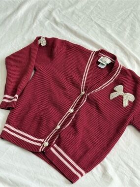 Rare Editions Ribbed Berry Cardigan with Pink Stripe Trim